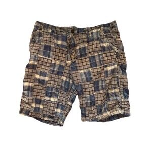 Old Navy Mens Size 33 Loose Fit Beige Plaid Flat Front Shorts Patchwork